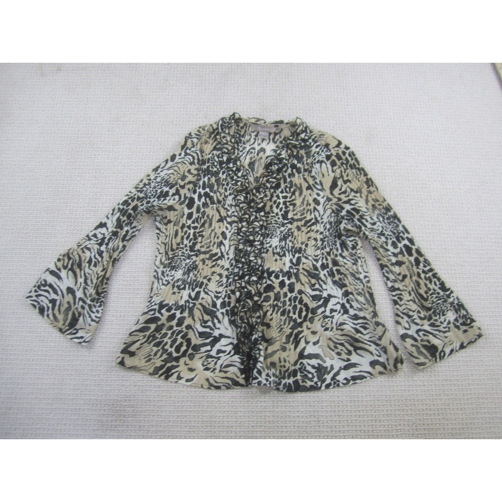 Tanjay Womens Blouse 14 Black Brown Tiger Tunic Ruffled Front Long Sleeve